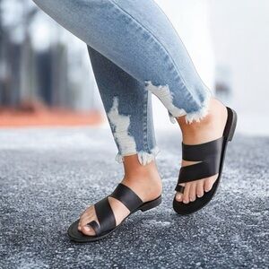 Free People Sandals Leather Loop Toe Black Wash‎ Slide Abilene EU 36